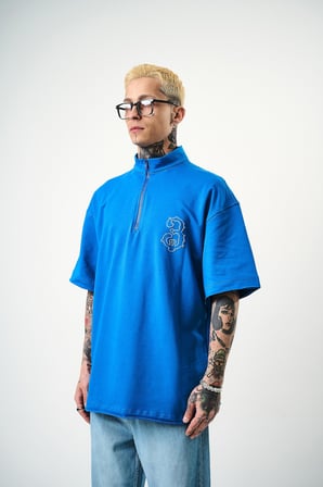 Erkek 3 Nakışlı Yarım Fermuarlı Oversize T-Shirt Mavi