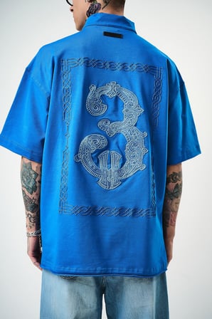 Erkek 3 Nakışlı Yarım Fermuarlı Oversize T-Shirt Mavi