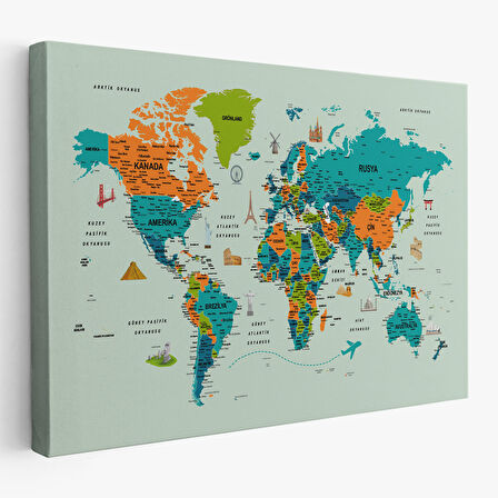 Harita Sepeti Türkçe Dünya Haritası Çok Detaylı Ünlü Yerler Sembollü Kanvas Tablo 1749
