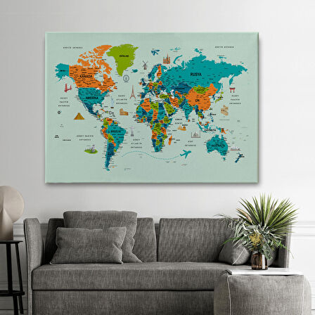 Harita Sepeti Türkçe Dünya Haritası Çok Detaylı Ünlü Yerler Sembollü Kanvas Tablo 1749