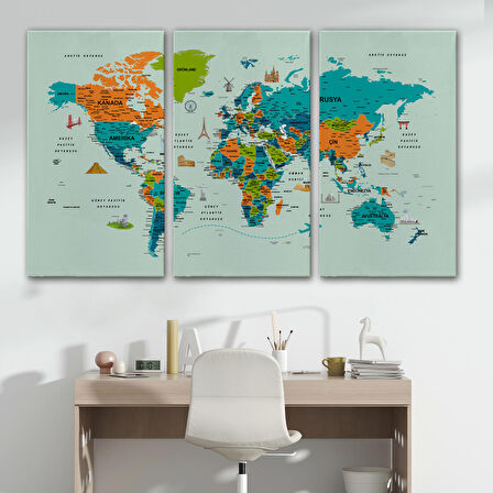 Harita Sepeti Türkçe Dünya Haritası Çok Detaylı Ünlü Yerler Sembollü Kanvas Tablo 1749