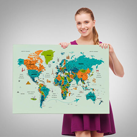 Harita Sepeti Türkçe Dünya Haritası Çok Detaylı Ünlü Yerler Sembollü Kanvas Tablo 1749