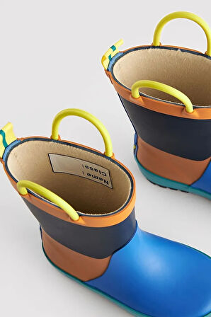 Mavi Turuncu Renk Bloklu Su Geçirmez Yağmur Botu /Çizme