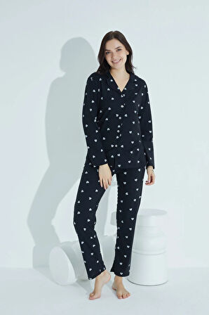 Kadın Düğmeli Deseni Pijama Takımı Gömlek Yaka Waynap 952
