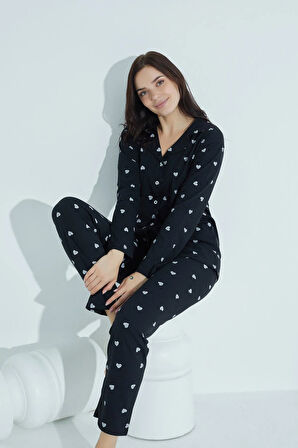 Kadın Düğmeli Deseni Pijama Takımı Gömlek Yaka Waynap 952