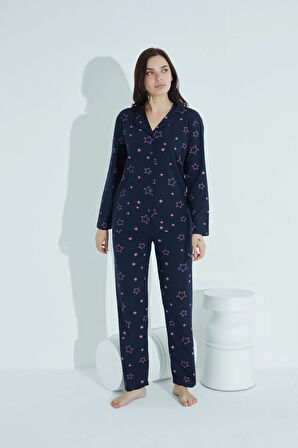 Kadın Düğmeli Deseni Pijama Takımı Gömlek Yaka Waynap 955
