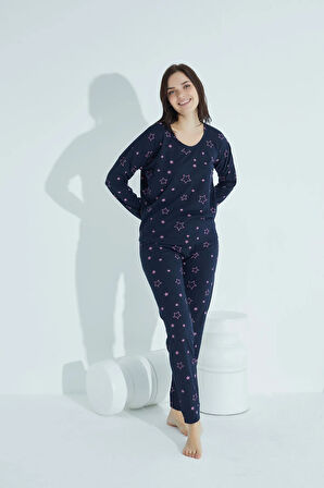 Kadın Desenli Pijama Takımı Bisiklet Yaka Waynap 954