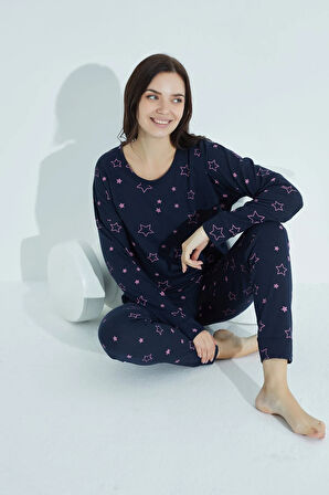Kadın Desenli Pijama Takımı Bisiklet Yaka Waynap 954