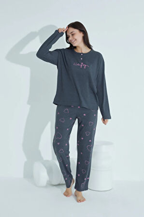 Kadın Düğmeli Desenli Pijama Takımı Yazılı Waynap 956