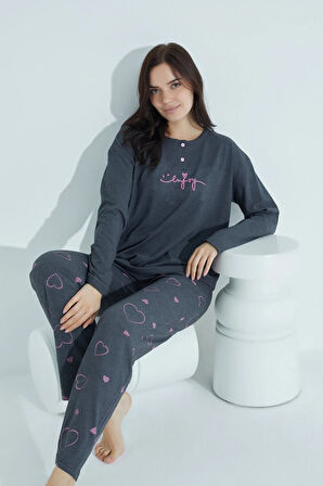 Kadın Düğmeli Desenli Pijama Takımı Yazılı Waynap 956