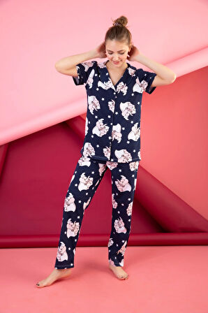 Kadın Düğmeli Desenli Pijama Takımı Boydan Düğmeli Takım