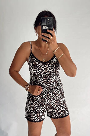 Siyah Leopar Dantelli Şort Takım