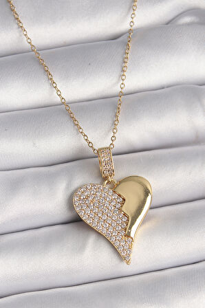 316L Çelik Gold Renk Zincir Zirkon Taşlı Kırık Kalp Model Kadın Kolye