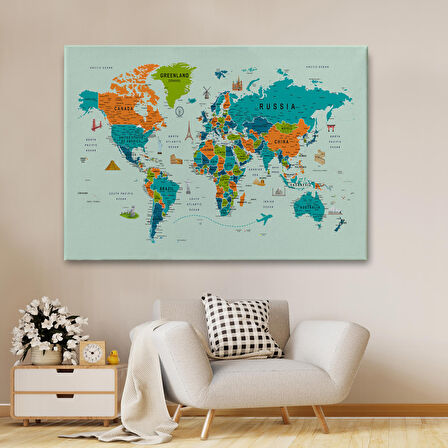 Harita Sepeti Dünya Haritası Çok Detaylı Ünlü Yerler Sembollü Kanvas Tablo 1750