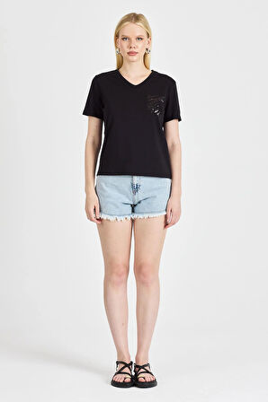 Kadın Payetli %100 Pamuk Siyah Tişört