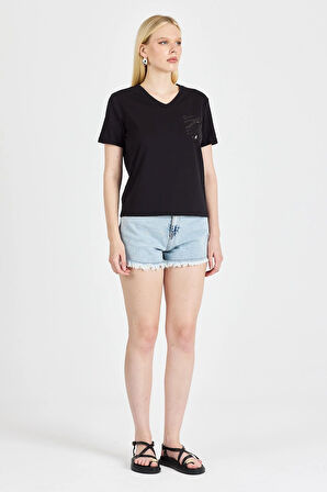 Kadın Payetli %100 Pamuk Siyah Tişört