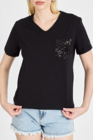 Kadın Payetli %100 Pamuk Siyah Tişört