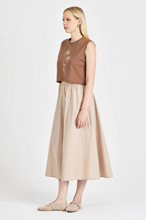 Kadın %100 Pamuk Kahve Crop