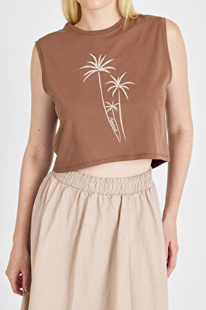 Kadın %100 Pamuk Kahve Crop