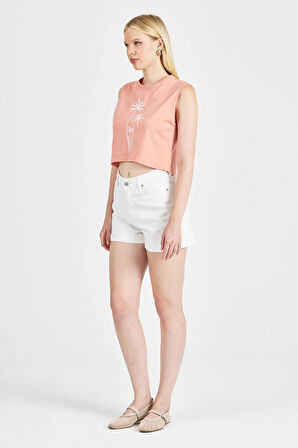 Kadın %100 Pamuk Somon Crop