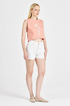 Kadın %100 Pamuk Somon Crop