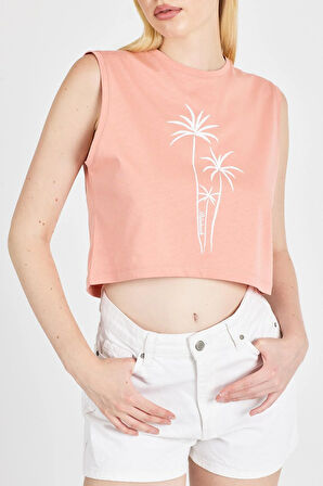 Kadın %100 Pamuk Somon Crop