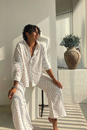 Kalp Desenli Müslin Pijama Seti