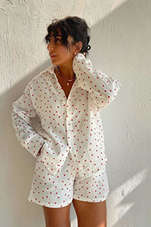 Kalp Desenli Müslin Pijama Seti