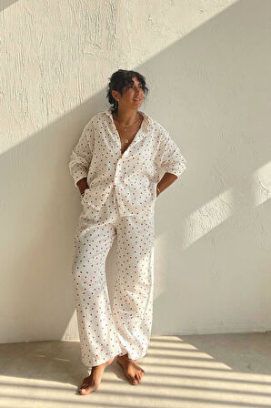 Kalp Desenli Müslin Pijama Seti