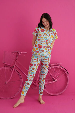 Kadın Desenli Pijama Takımı Bisiklet Yaka Pijama Waynap 4130