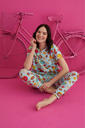 Kadın Desenli Pijama Takımı Bisiklet Yaka Pijama Waynap 4130