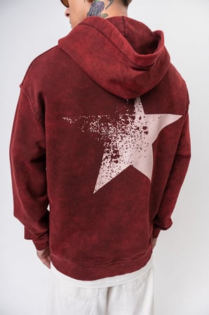 Erkek Star Baskılı Yıkamalı Kapüşonlu Oversize Hoodie Bordo