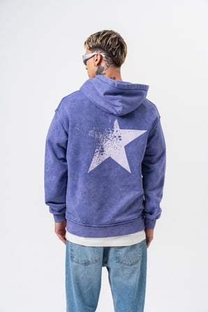 Erkek Star Baskılı Yıkamalı Kapüşonlu Oversize Hoodie Mor