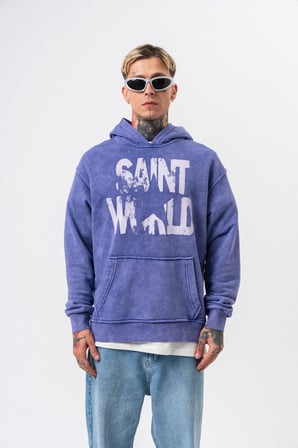 Erkek Star Baskılı Yıkamalı Kapüşonlu Oversize Hoodie Mor
