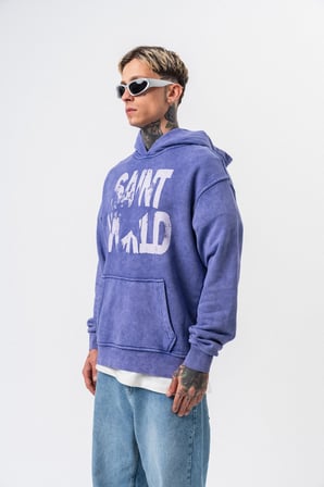 Erkek Star Baskılı Yıkamalı Kapüşonlu Oversize Hoodie Mor