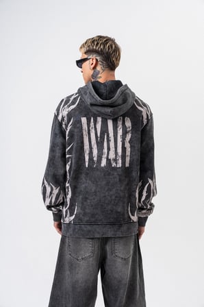 Erkek War Baskılı Yıkamalı Kapüşonlu Oversize Hoodie Siyah