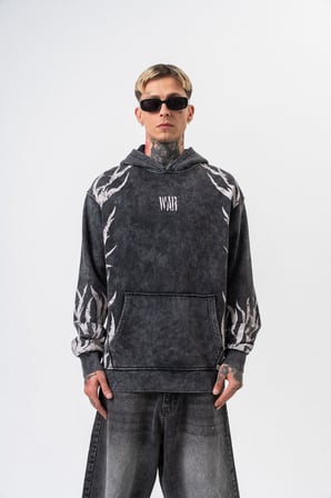 Erkek War Baskılı Yıkamalı Kapüşonlu Oversize Hoodie Siyah