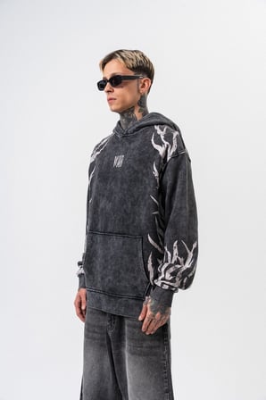 Erkek War Baskılı Yıkamalı Kapüşonlu Oversize Hoodie Siyah