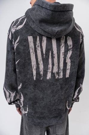 Erkek War Baskılı Yıkamalı Kapüşonlu Oversize Hoodie Siyah