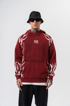 Erkek War Baskılı Yıkamalı Kapüşonlu Oversize Hoodie Bordo
