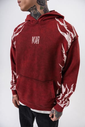 Erkek War Baskılı Yıkamalı Kapüşonlu Oversize Hoodie Bordo