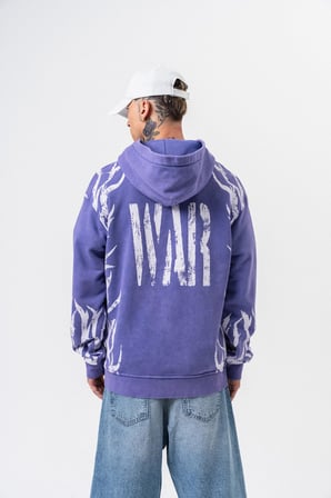 Erkek War Baskılı Yıkamalı Kapüşonlu Oversize Hoodie Mor