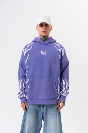 Erkek War Baskılı Yıkamalı Kapüşonlu Oversize Hoodie Mor