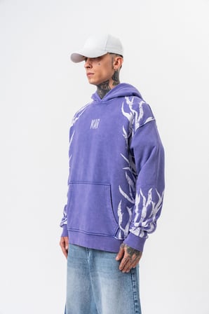 Erkek War Baskılı Yıkamalı Kapüşonlu Oversize Hoodie Mor