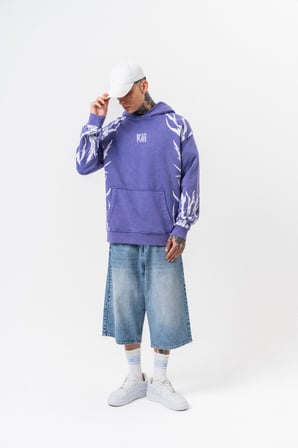 Erkek War Baskılı Yıkamalı Kapüşonlu Oversize Hoodie Mor
