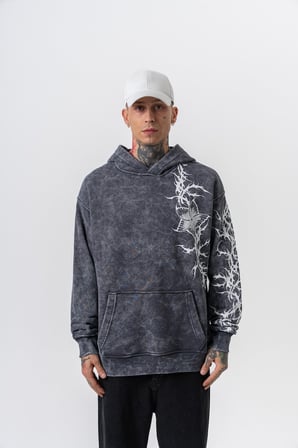 Erkek Far From Basic Baskılı Yıkamalı Kapüşonlu Oversize Hoodie Siyah