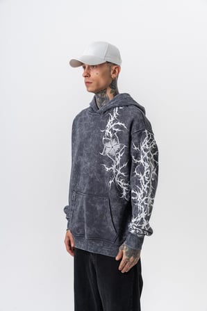 Erkek Far From Basic Baskılı Yıkamalı Kapüşonlu Oversize Hoodie Siyah