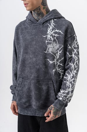 Erkek Far From Basic Baskılı Yıkamalı Kapüşonlu Oversize Hoodie Siyah