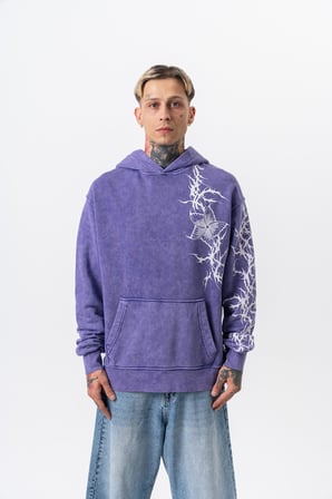 Erkek Far From Basic Baskılı Yıkamalı Kapüşonlu Oversize Hoodie Mor