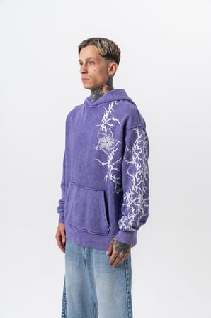 Erkek Far From Basic Baskılı Yıkamalı Kapüşonlu Oversize Hoodie Mor